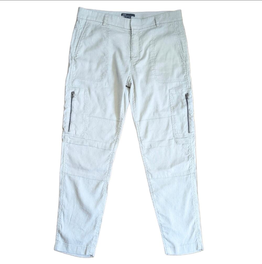 Vince Cream Linen Viscose Blend Side Zip Pocket Utility Ankle Cargo Pants